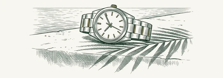 Illustration: a steel wristwatch resting on a sunlit stone ledge by the sea, with the shadow of a palm frond across it.