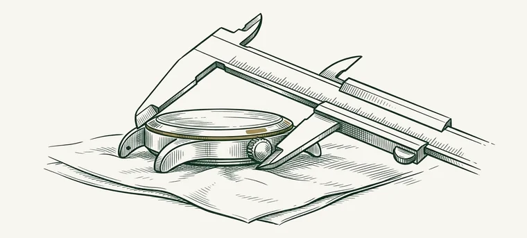 رسم توضيحي: قالب ساعة على قطعة قماش، يُقاس بأداة قياس دقيقة.