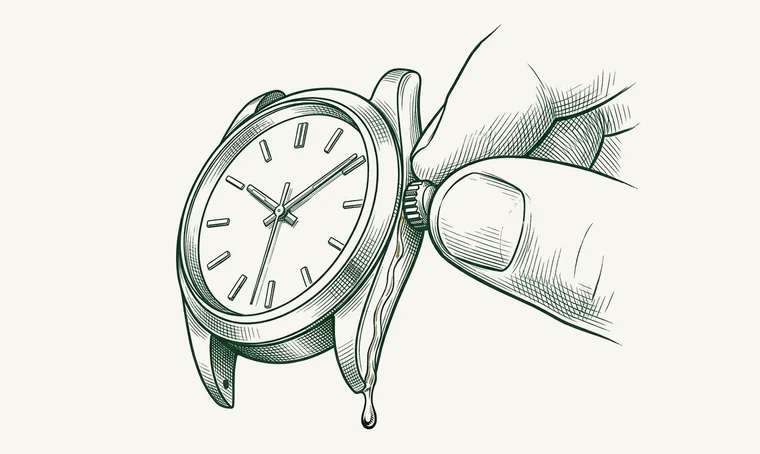 Illustration: fingers turning the crown of a wristwatch, with a drop of fresh water running off the case.