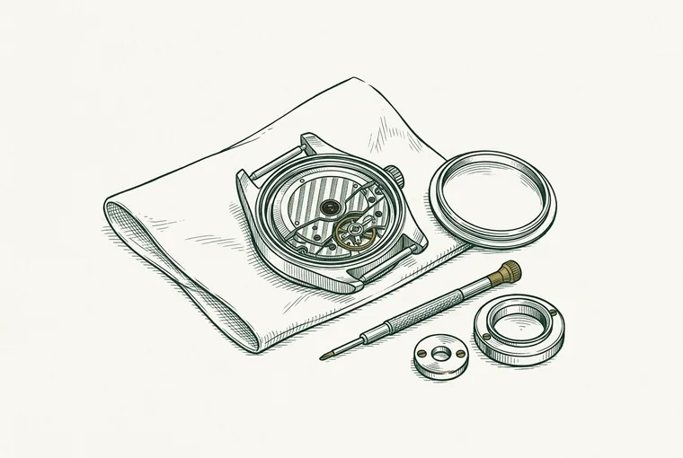 Illustration: a wristwatch face down with its case back removed, the movement visible inside, a screwdriver and case opener beside it.