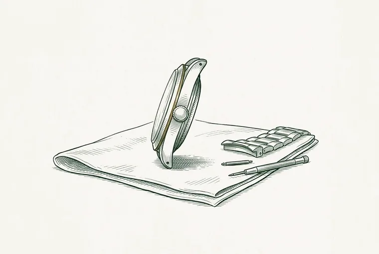 Illustration: a bare watch head standing on its edge with the bracelet detached and laid beside it, a spring bar and a spring-bar tool nearby.