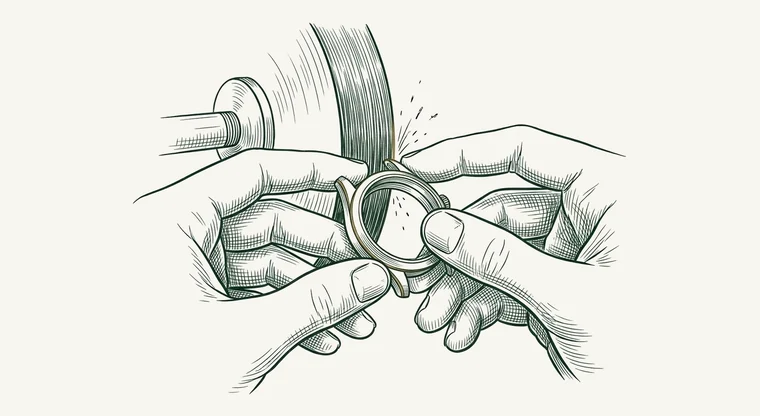 رسم توضيحي: قالب ساعة على عجلة التلميع، وحافته تلمع.