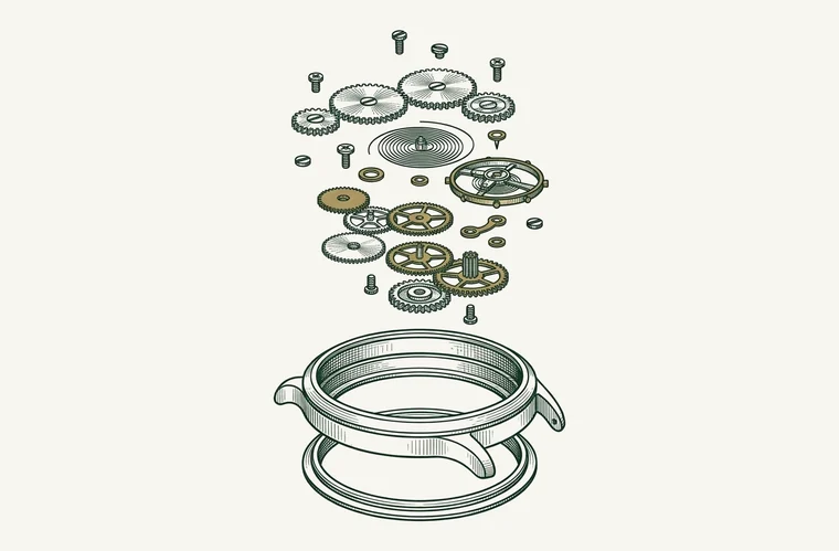 Illustration: the parts of a mechanical watch movement, its wheels, balance and hairspring, jewels and screws, lifted in layers above an open watch case.