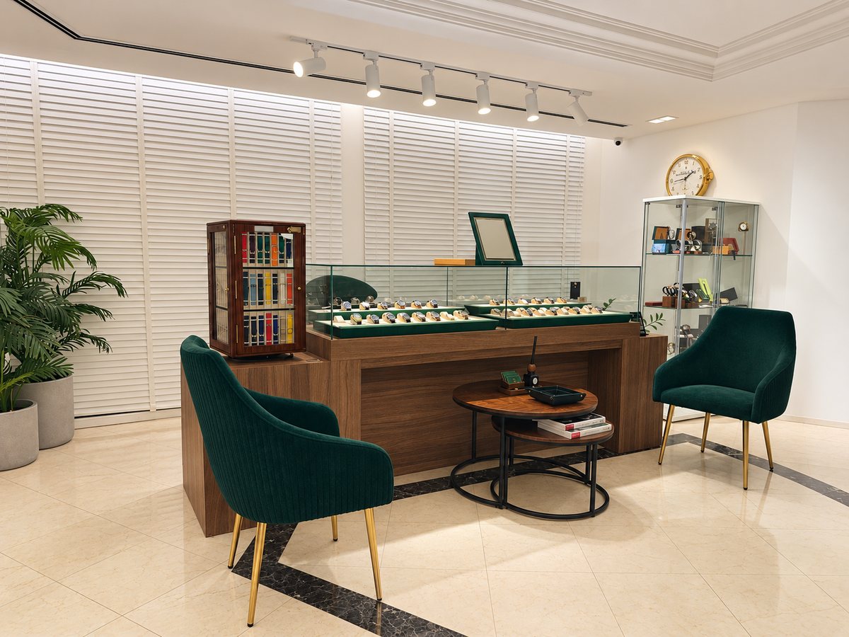 The counter, with watches laid out under glass, a strap cabinet and seating