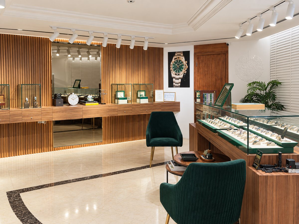 The salon: green velvet chairs, the main display counter and the walnut wall cabinets